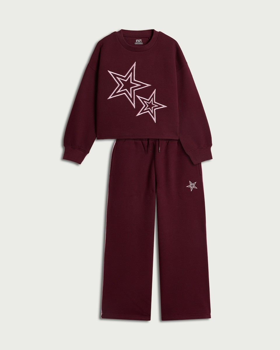 image 1 of F&F Girls 2-Piece Cotton Rich Star Embroidered Sweatshirt and Jogger Set in Burgundy