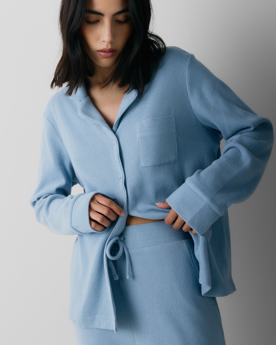 F&F Waffle Textured Revere Pyjama Set in Blue - Tesco Groceries