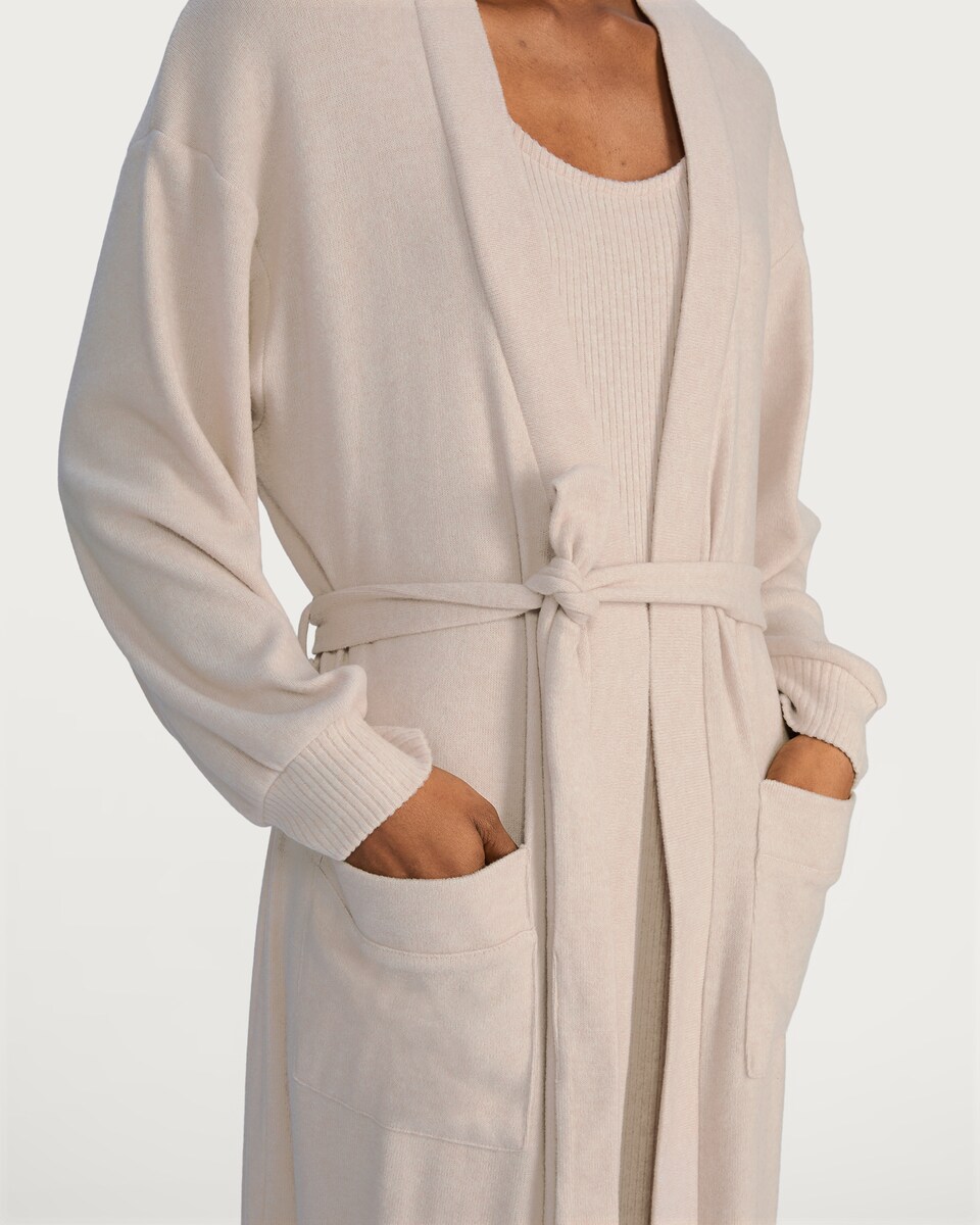 image 1 of F&F 2-Piece Ribbed Nightdress and Belted Robe Set in Neutral