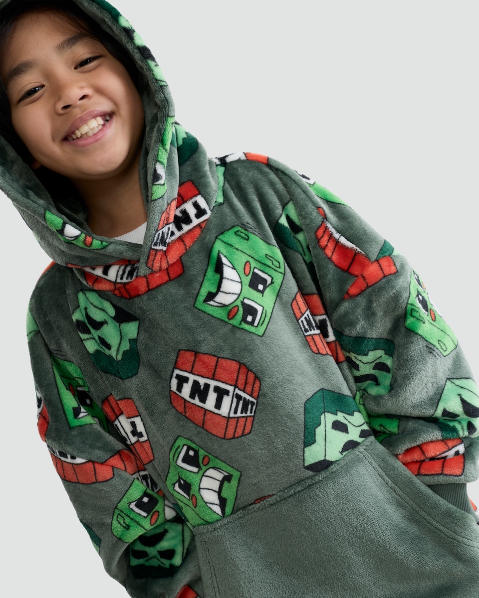 image 1 of Minecraft Creeper Print Fleece Pyjama Hoodie in Green