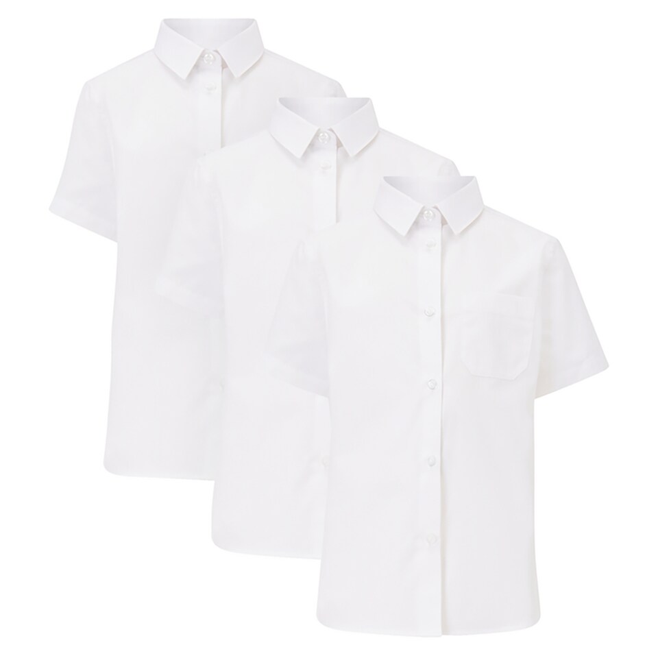 F&F School Girls 3-Pack Cotton Blend Slim Fit Short Sleeved Shirts in White