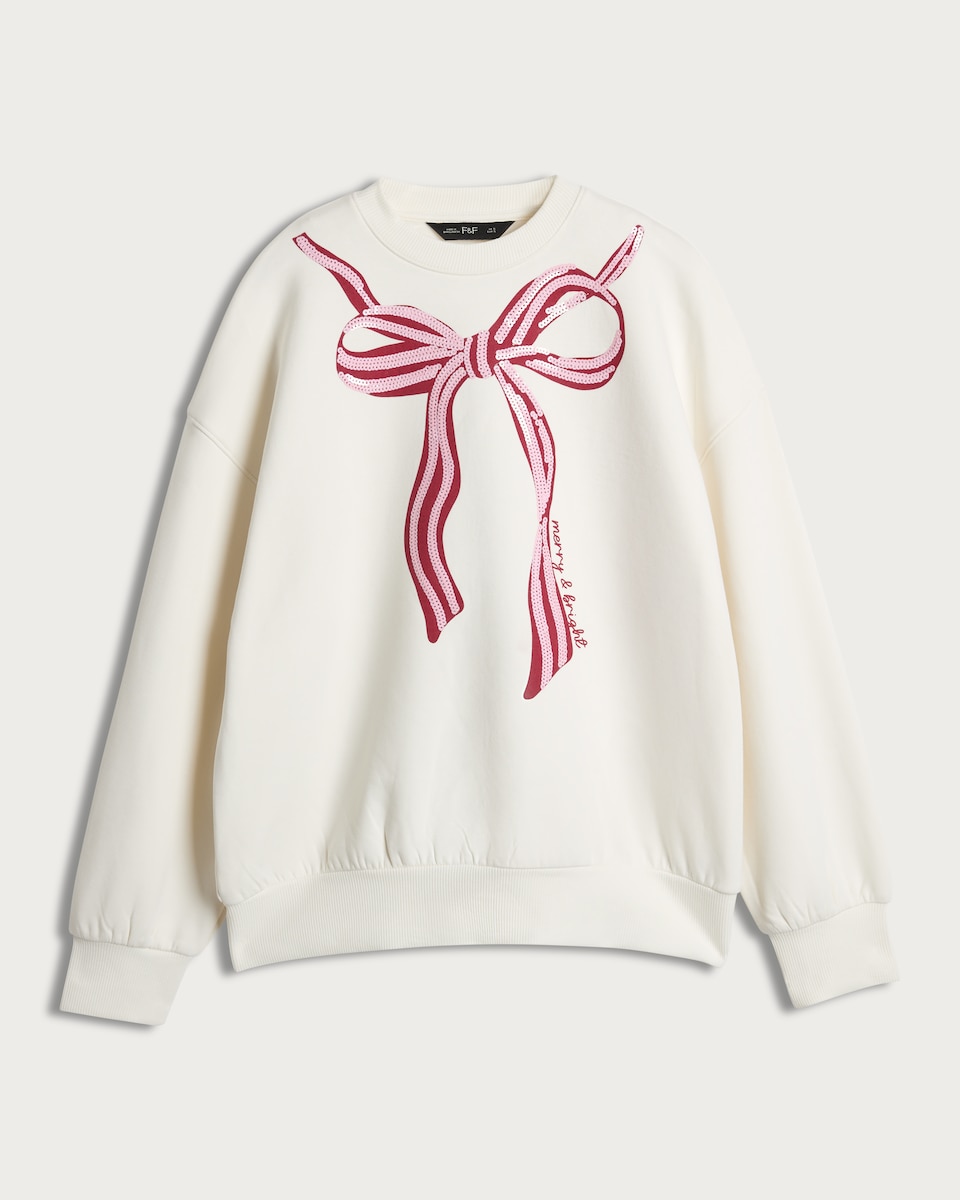 image 1 of F&F Merry & Bright Bow Sweatshirt in Cream