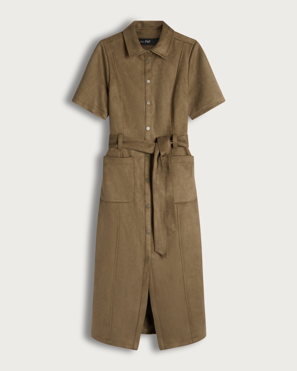 image 1 of F&F Faux Suede Belted Button Through Midi Dress in Olive