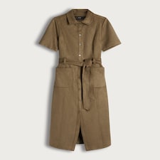 F&F Faux Suede Belted Button Through Midi Dress in Olive