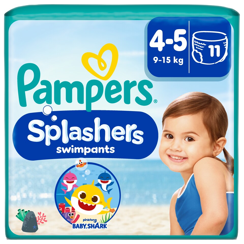 image 1 of Pampers Splasher Baby Shark Size 4-5 Swim Nappies 11 Pack