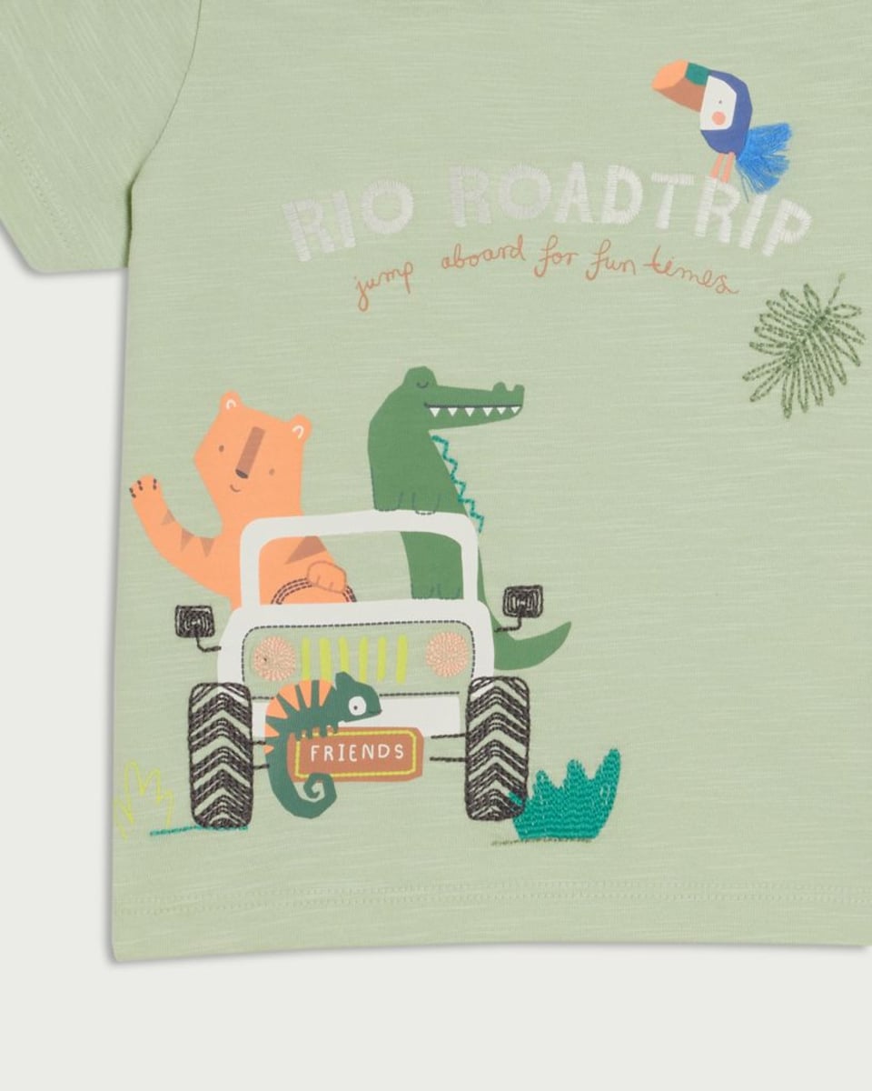 image 1 of F&F Baby 2-Piece Pure Cotton Rio Roadtrip T-Shirt and Shorts Set in Green
