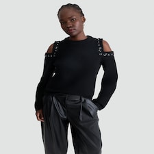 F&F Cold Shoulder Sequin Embellished Jumper with Wool in Black