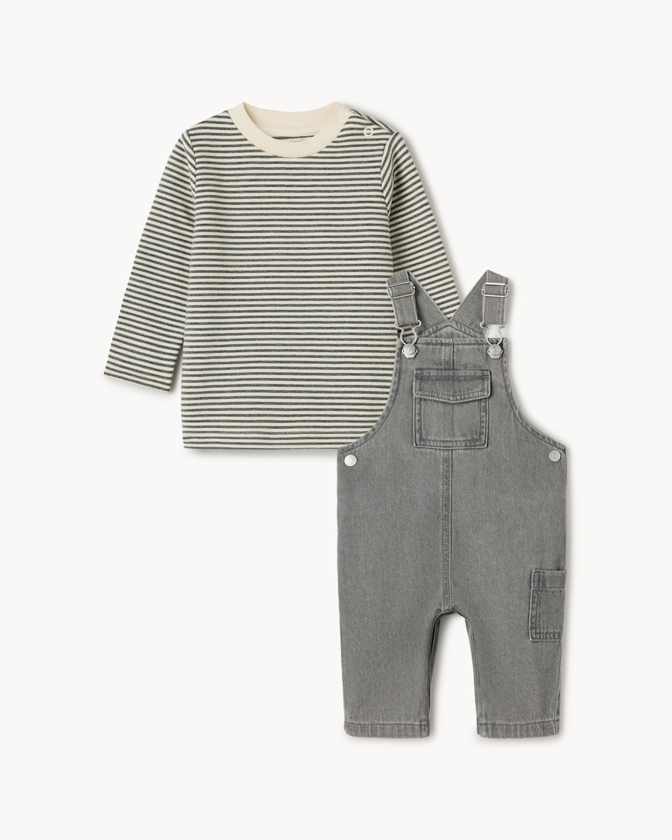 image 1 of F&F Baby Striped Top and Dungarees Set in Grey Marl