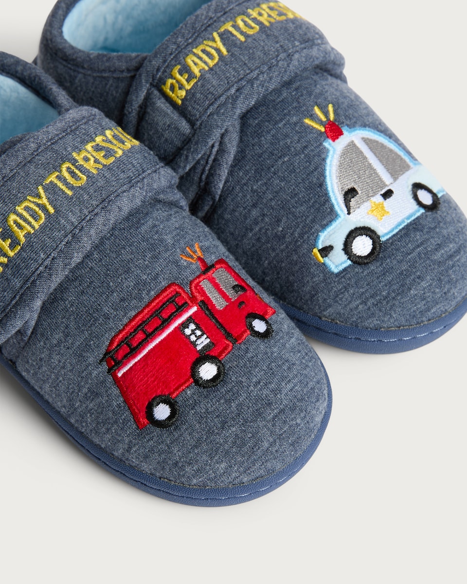image 1 of F&F Boys Ready to Rescue Embroidered Transport Slippers in Blue