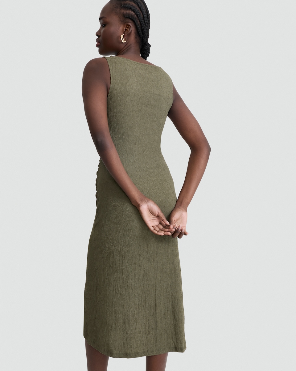 image 1 of F&F Crinkle Textured Gold Buckle Sleeveless Dress in Khaki