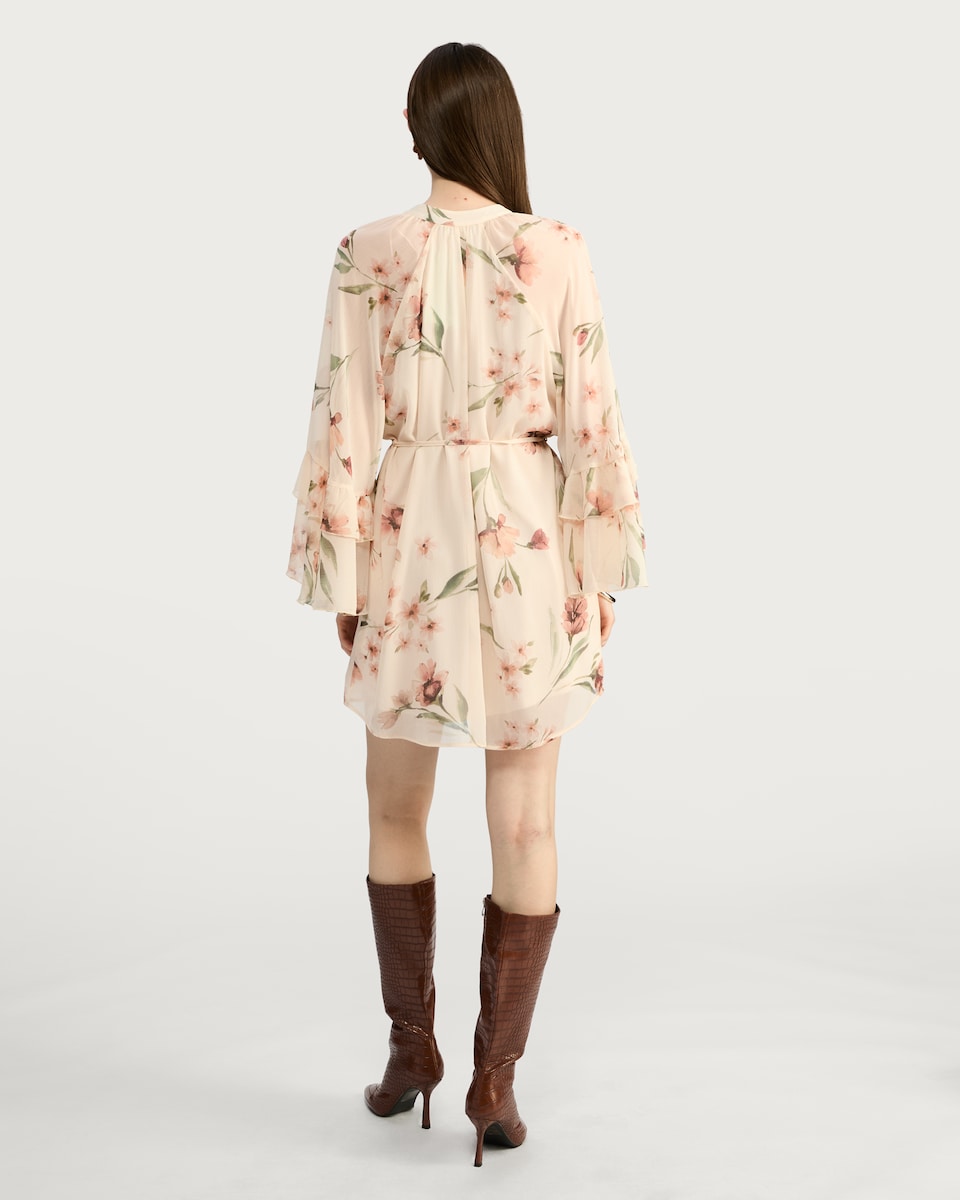 image 1 of F&F Floral Print Tie Waist Mini Dress in Cream