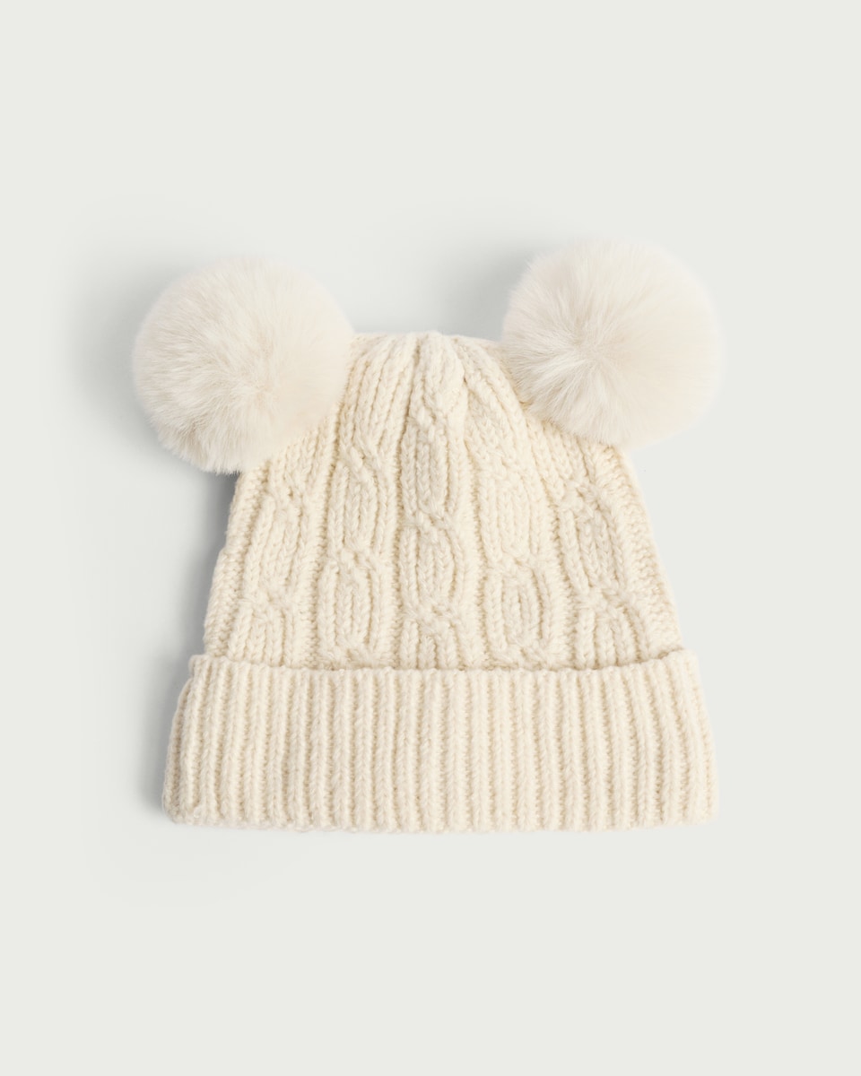 image 1 of F&F Girls Cable Knit Pom Pom Beanie Hat in Cream