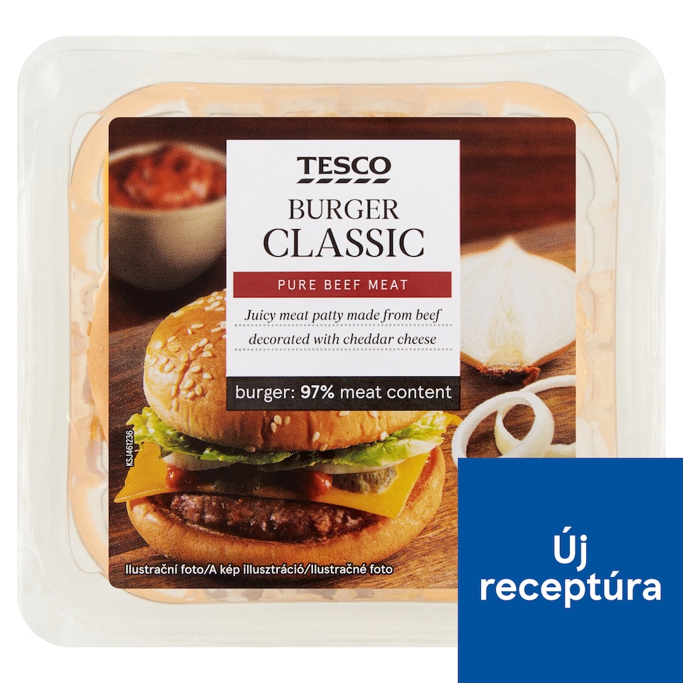 Tesco marhahúspogácsa búzalisztből készült szezámmagos hamburgerzsemlében szószokkal 127 g