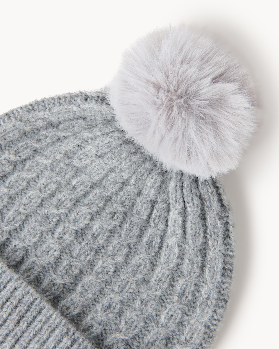 image 1 of F&F Cable Knit Pom Pom Beanie Hat in Grey