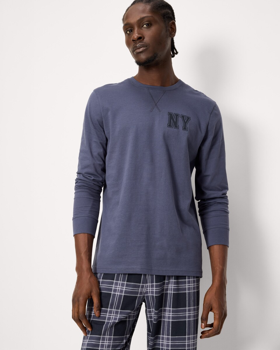 image 1 of F&F Pure Cotton Top and Check Bottoms Pyjama Set in Blue