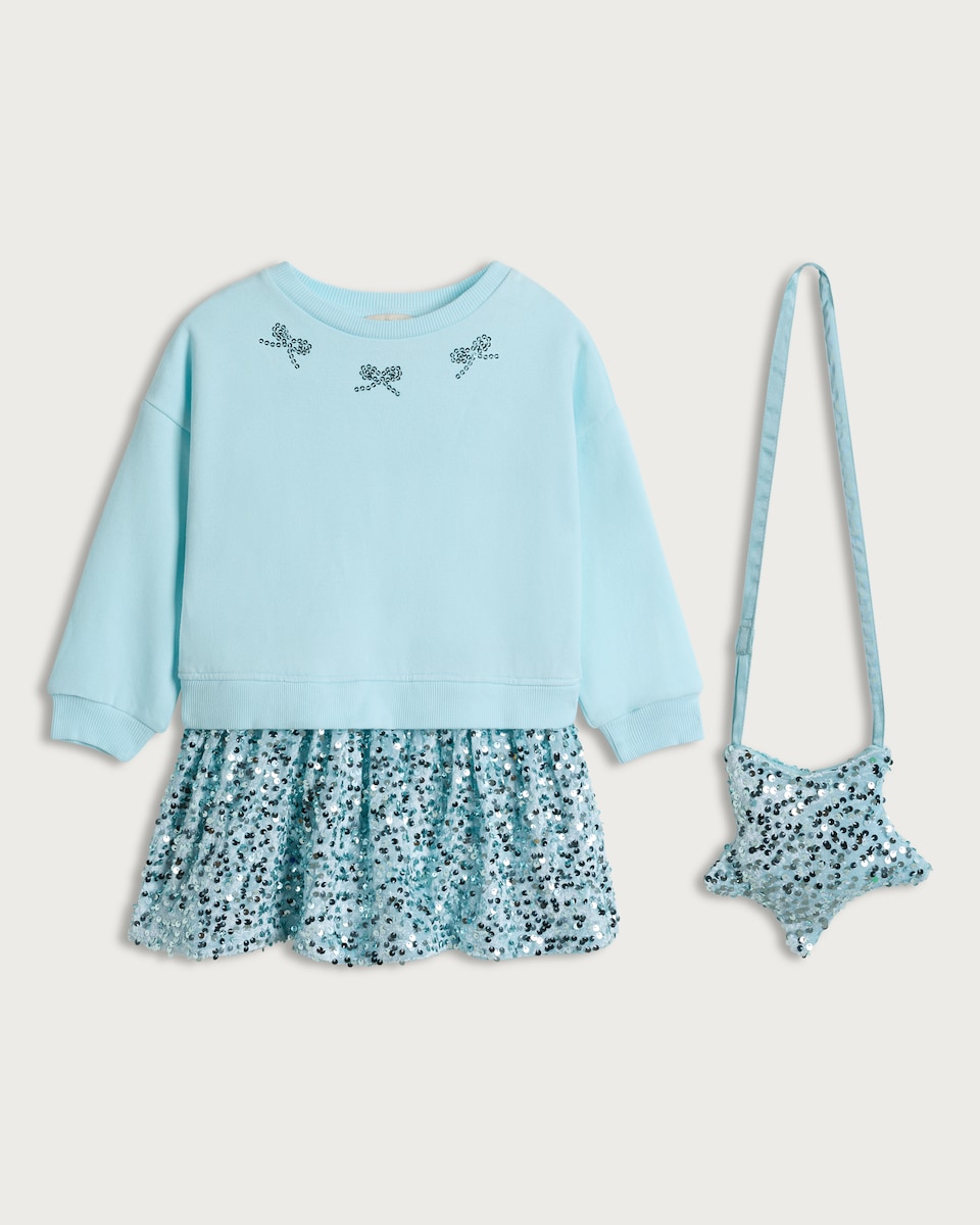 F&F Girls 2-Piece Sequin Sweatshirt Dress and Star Bag Set in Blue