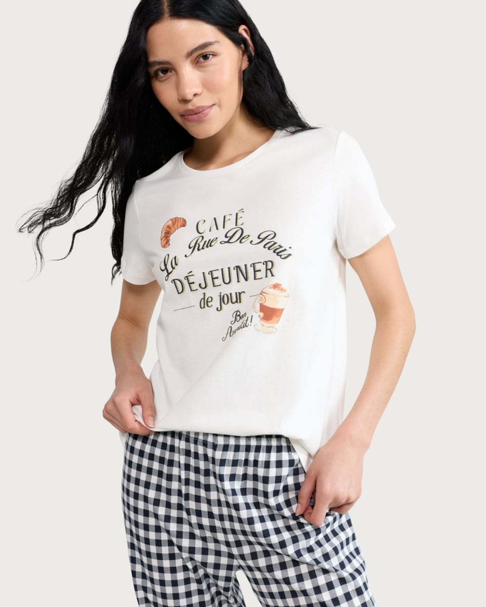 image 1 of F&F Pure Cotton Café Print Pyjama Set in Multi White