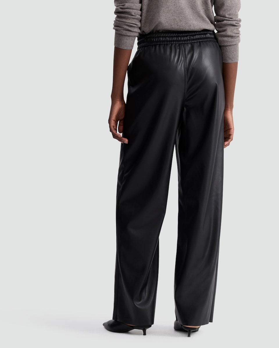image 1 of The F&F Edit Faux Leather Wide Leg Drawstring Joggers in Black