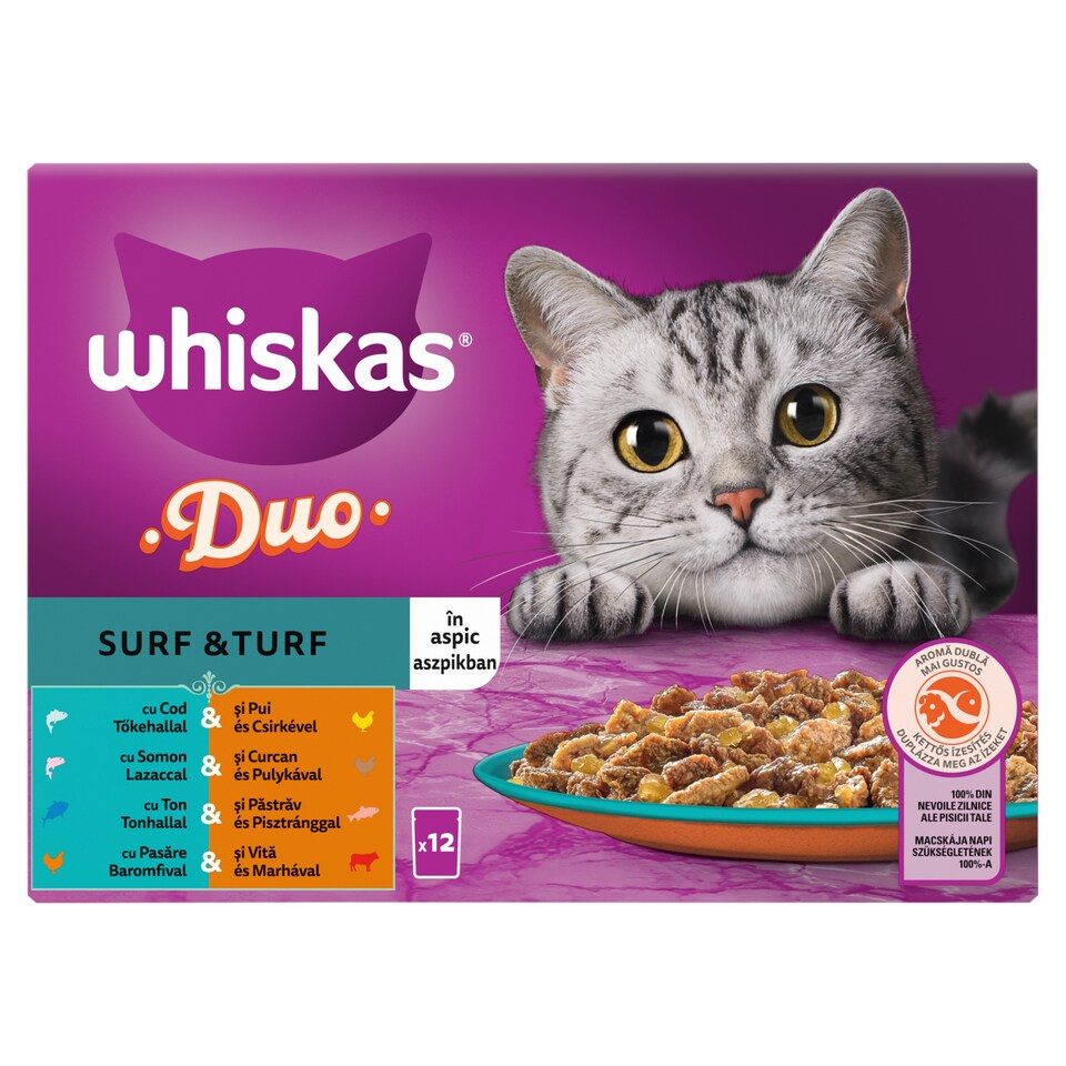 Whiskas Duo teljes értékű nedves eledel felnőtt macskáknak aszpikban 12 x 85 g (1,02 kg)