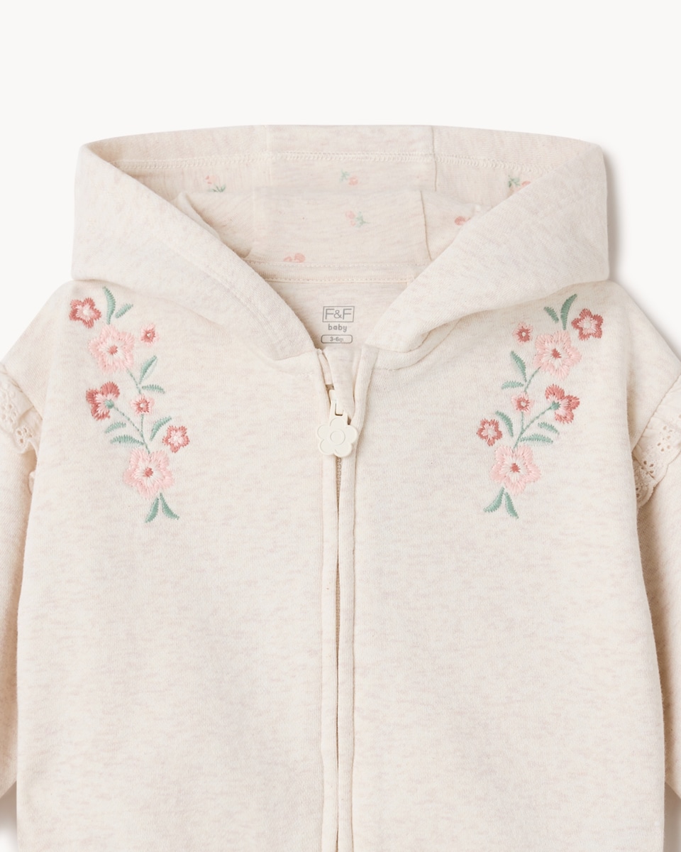 image 1 of F&F Baby Cotton Blend Floral Embroidered Zip Up Hoodie in Neutral