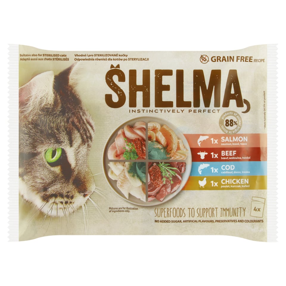 Shelma Dusené filetky bez obilia s kuracinou, hovädzinou, lososom a treskou 4 x 85 g