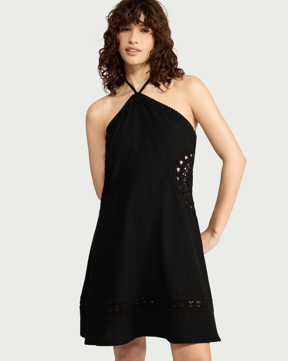image 1 of F&F Crochet Detail Beach Dress with Linen in Black