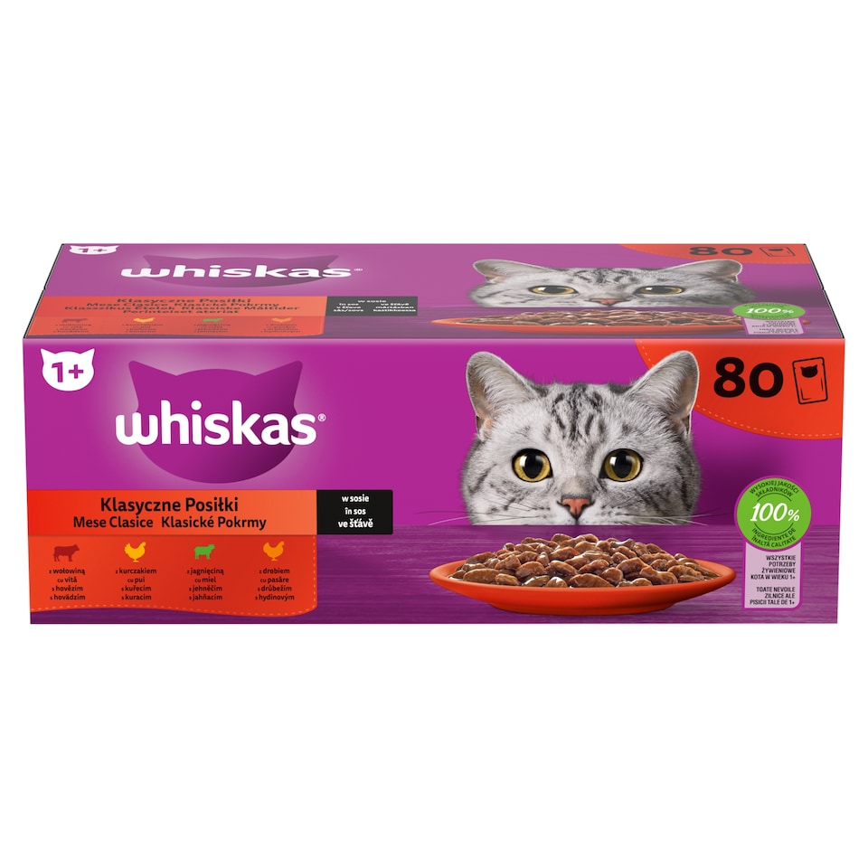 Whiskas 1+ Klasszikus Ételek teljes értékű nedves eledel felnőtt macskáknak 80 x 85 g (6,8 kg)