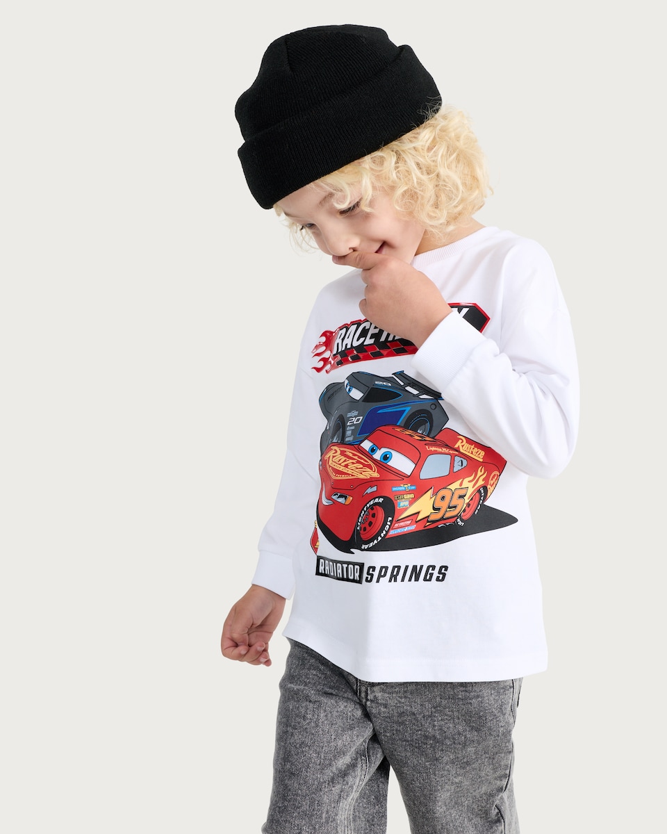 image 1 of Disney Cars Pure Cotton Race Ready Long Sleeved Top in White