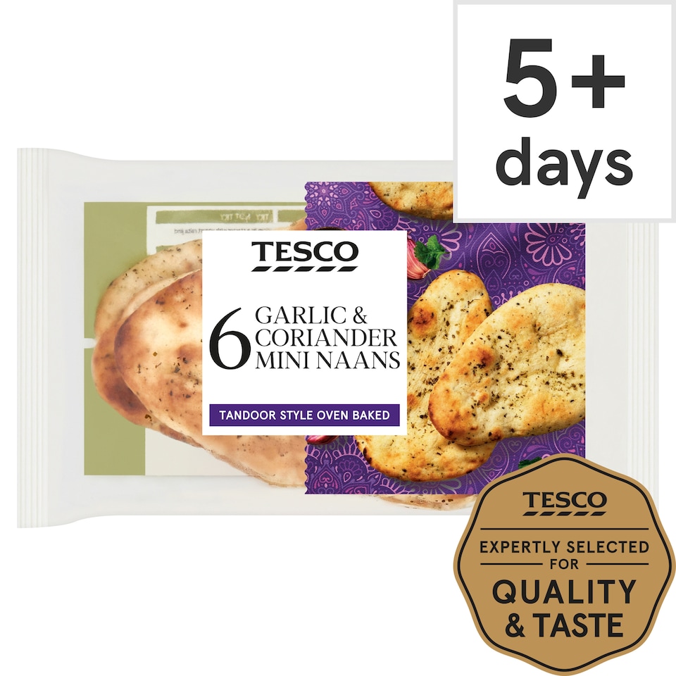 Tesco Mini Garlic & Coriander Naans 6 pack