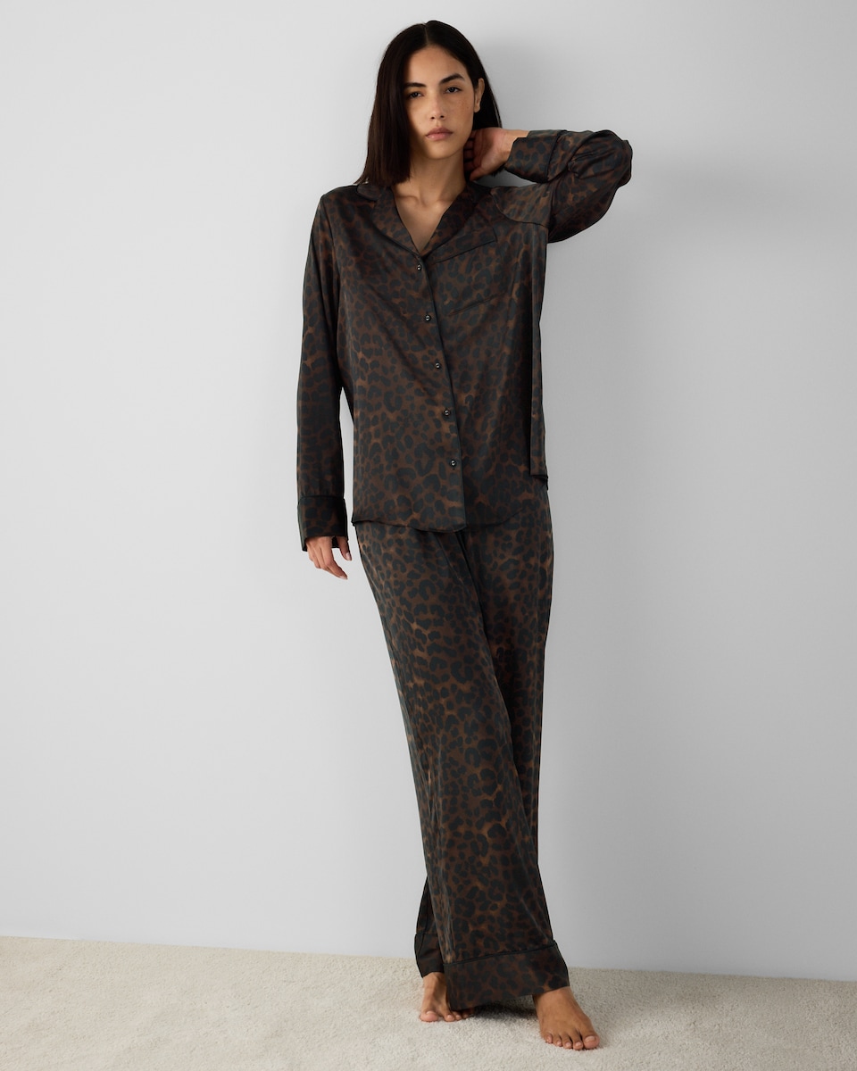 image 1 of F&F Satin Animal Print Revere Pyjama Set in Multi Brown