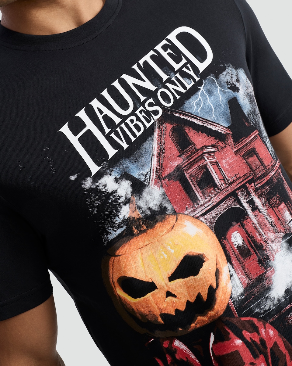 image 1 of F&F Pure Cotton Haunted Vibes Only Slogan T-Shirt in Black