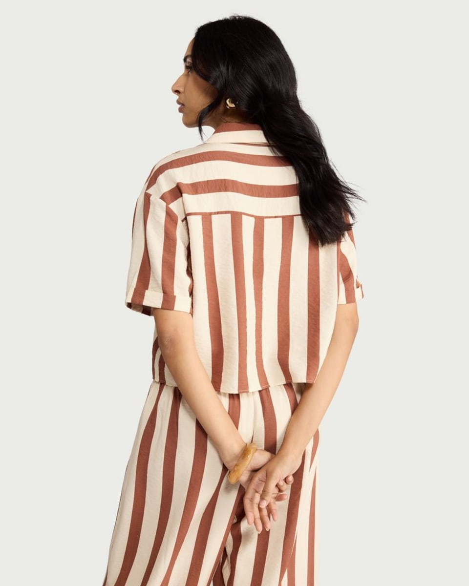 image 1 of F&F Striped Button Up Co-ord Shirt in Multi Brown