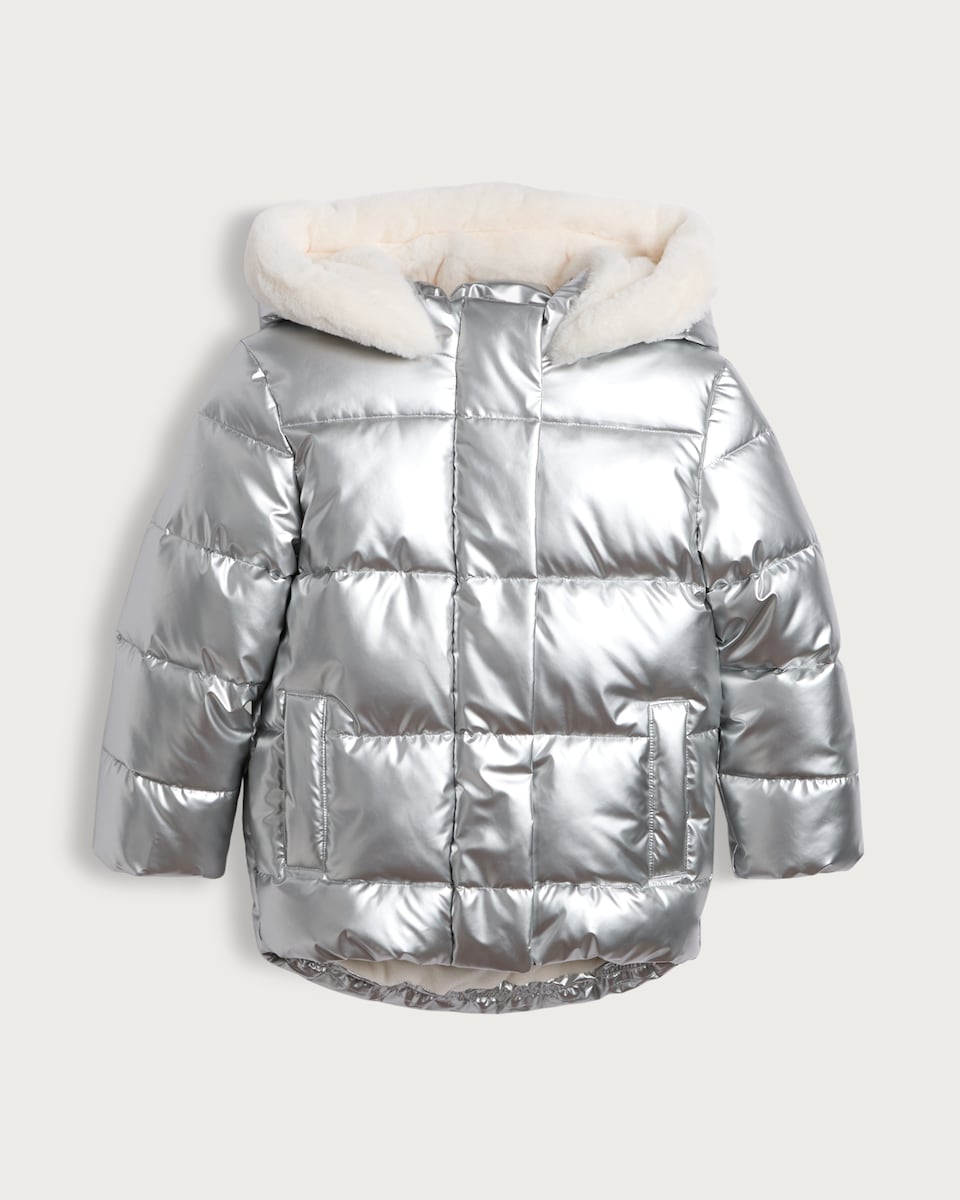 image 1 of F&F Girls Metallic Shower Resistant Puffer Jacket in Silver