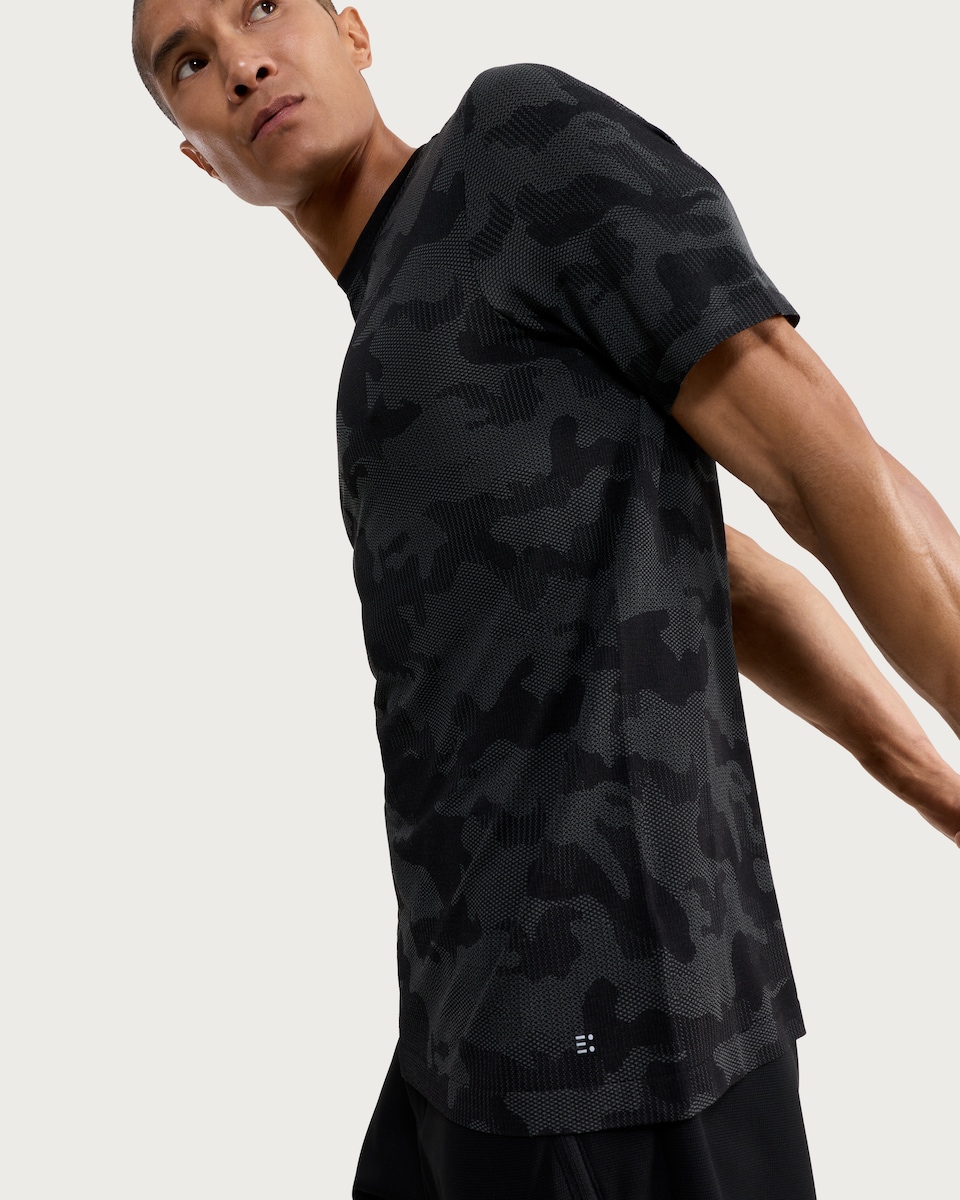 image 1 of F&F Active ULTRARUN Seamless Camo Print Short Sleeved T-Shirt in Grey