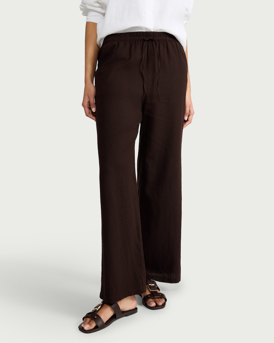 image 1 of F&F Linen Rich Wide Leg Trousers in Chocolate