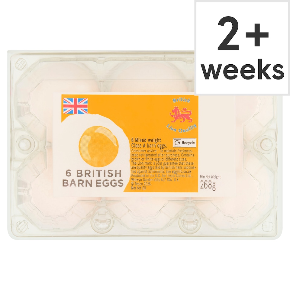 Tesco 6 Mixed Weight Barn Eggs 268g