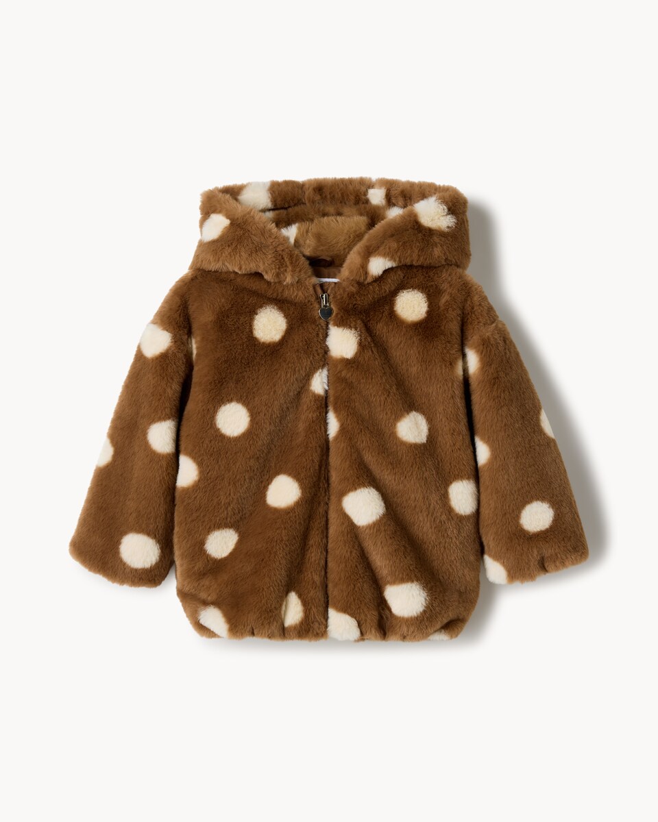 image 1 of F&F Girls Faux Fur Polka Dot Hooded Jacket in Multi Brown