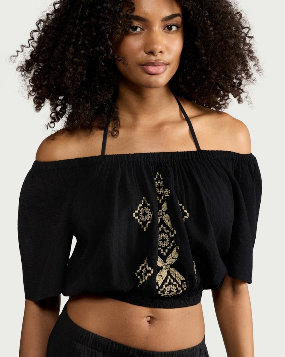 image 1 of F&F Cotton Rich Embroidered Beach Blouse in Multi Black