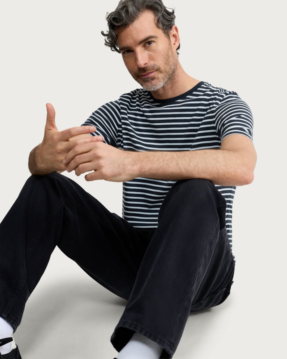 image 1 of F&F Pure Cotton Stripe Print Short Sleeved Slim Fit T-Shirt in Navy