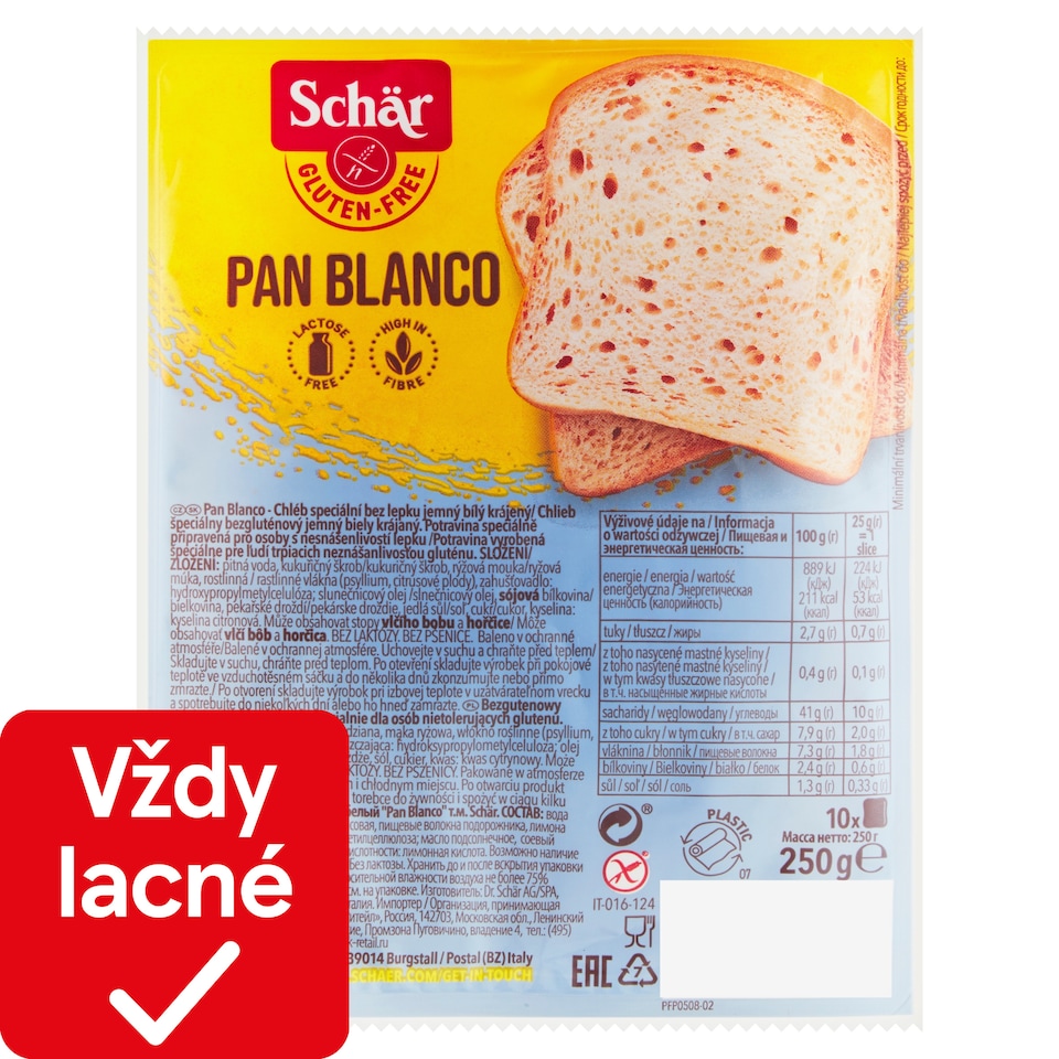Schär Pan Blanco Gluten Free Special White Fine Bread Sliced 250 g