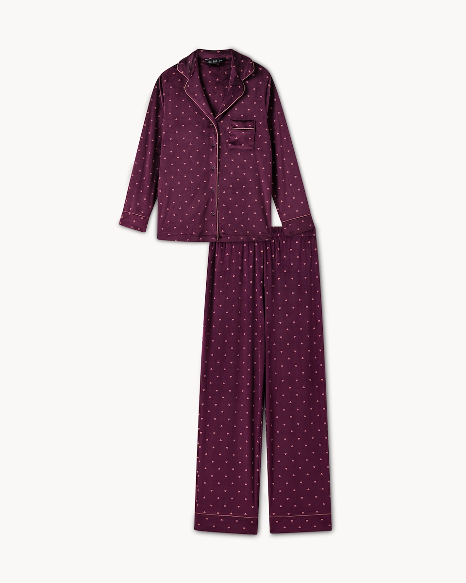 image 1 of F&F Fleece Heart Revere Pyjama Set in Burgundy