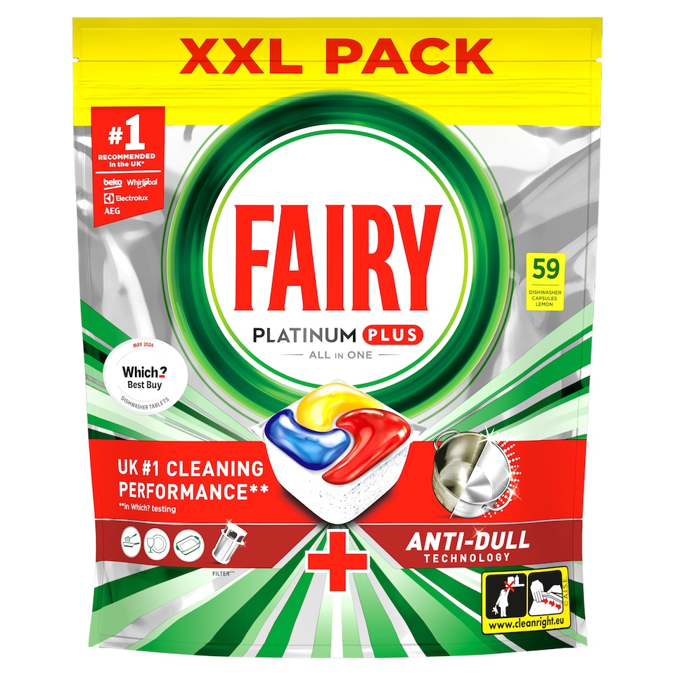 image 1 of Fairy Platinum Plus All In One Dishwasher Tablets - Lemon 59 Pack 915g