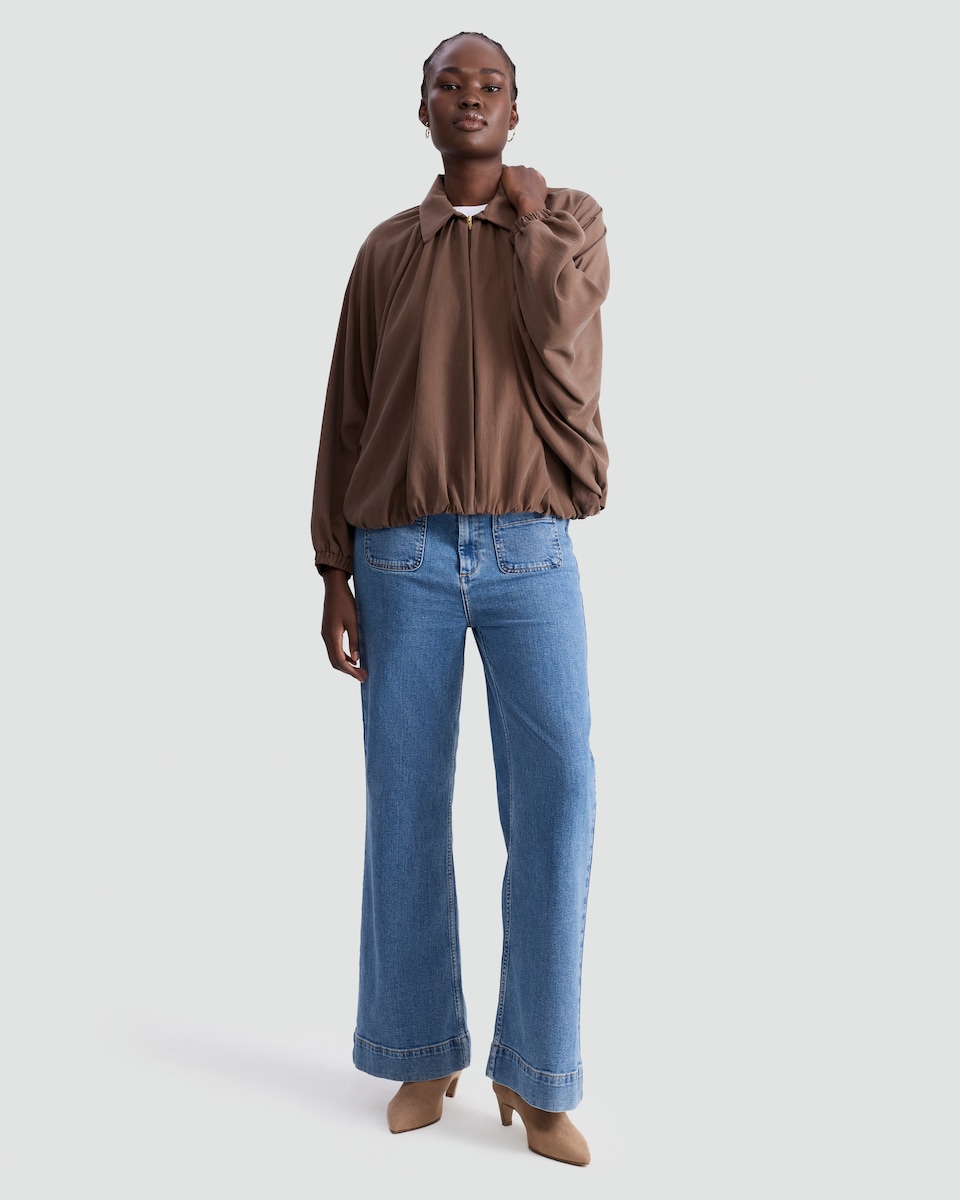 image 1 of F&F Bubble Hem Zip Up Blouse in Brown