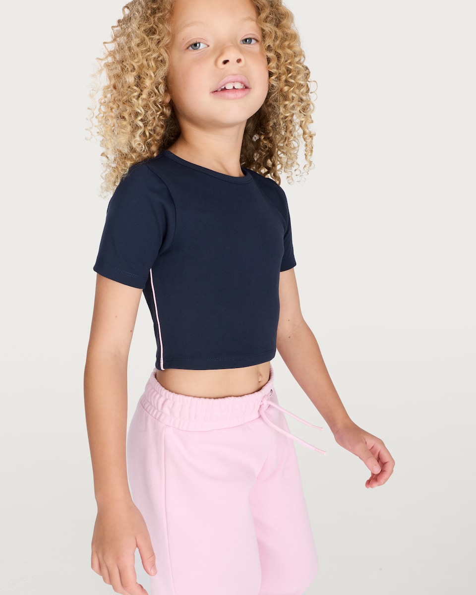 image 1 of F&F Active Girls Cropped Short Sleeved T-Shirt in Navy