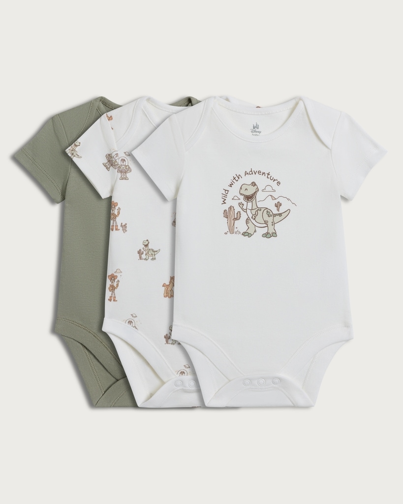 Disney Toy Story 3-Pack Pure Cotton Short Sleeved Bodysuits in Green