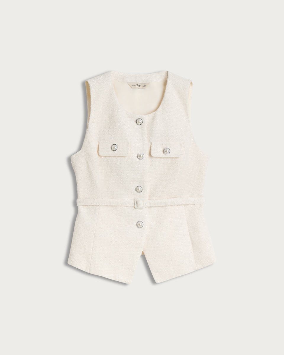 image 1 of F&F Boucle Textured Faux Pearl Button Belted Waistcoat in Cream