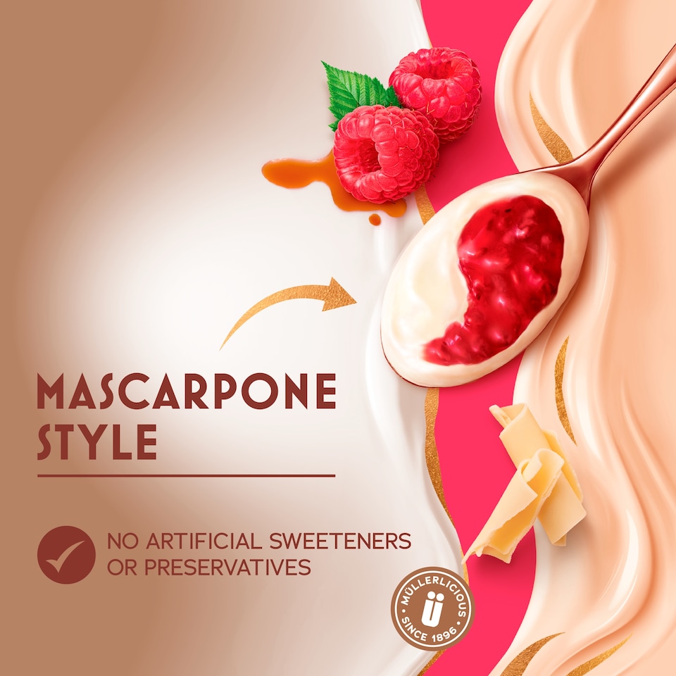 image 1 of Müller Bliss Mascarpone Yogurt White Chocolate, Raspberry & Amaretto 4x110g