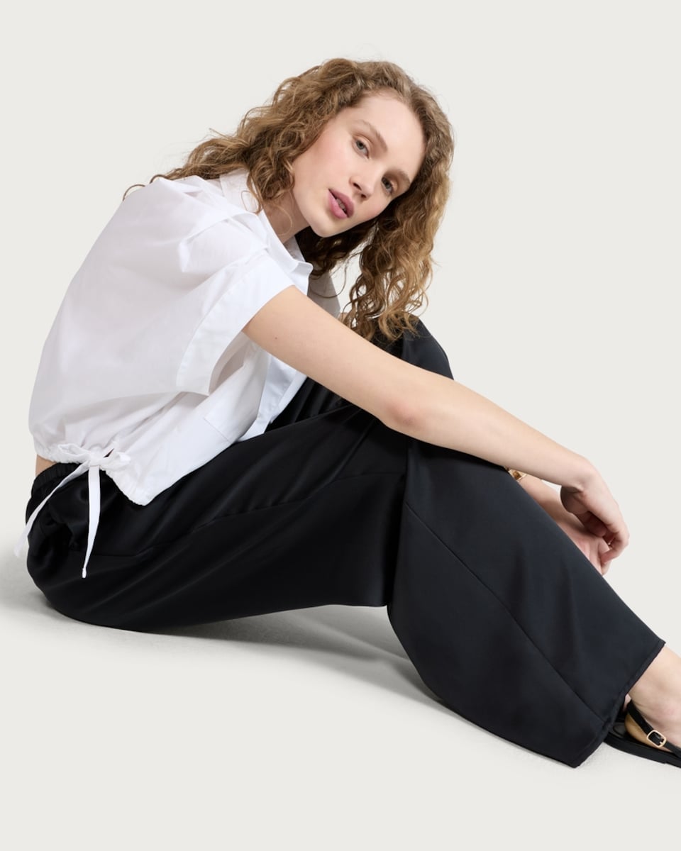 image 1 of F&F Satin Wide Leg Drawstring Trousers in Black