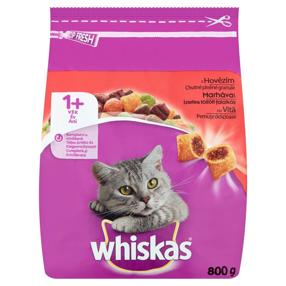 Whiskas 1+ teljes értékű száraz eledel felnőtt macskák részére marhával 800 g