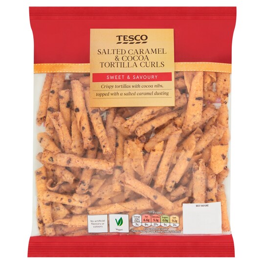 Tesco Salted Caramel And Cocoa Tortilla Curls 190G Tesco Groceries